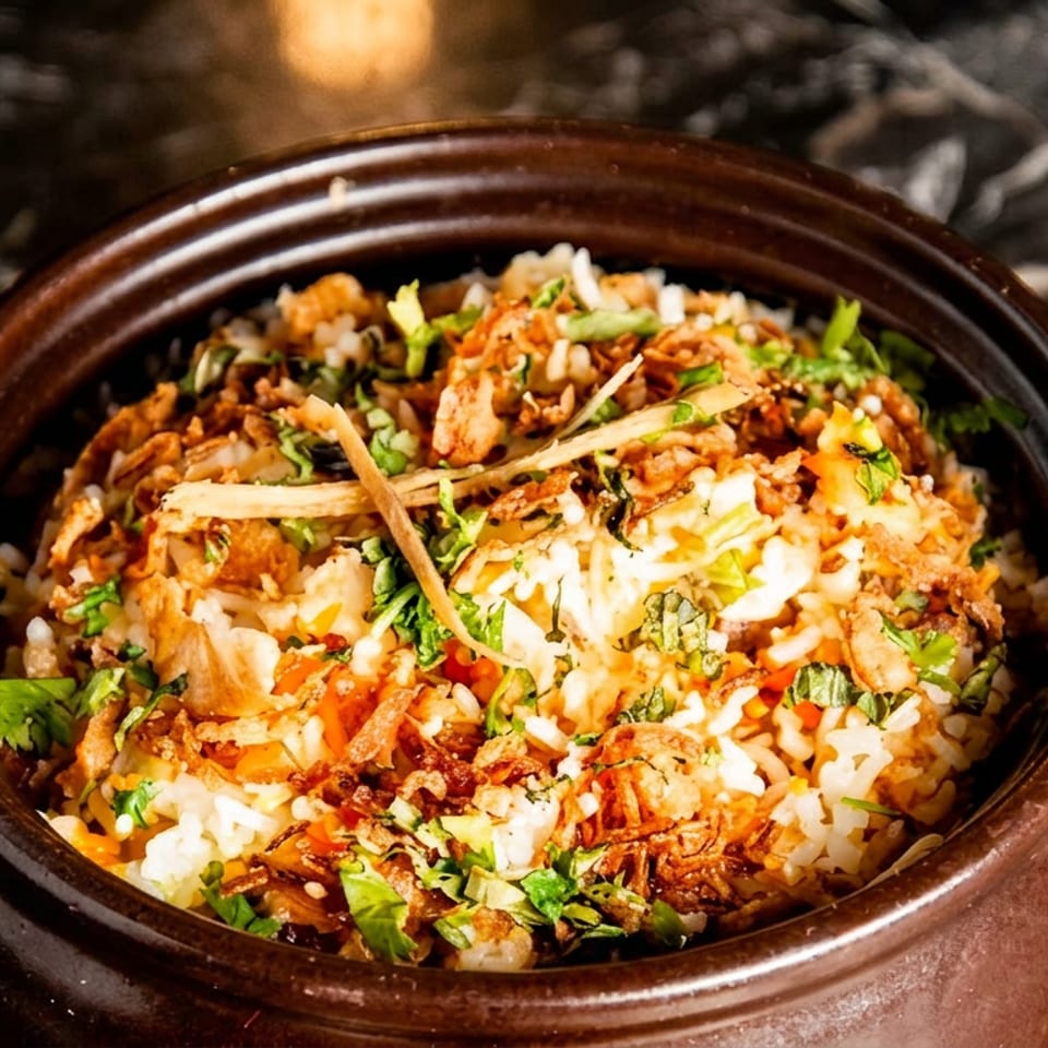 Rice dish with fried onions, green herbs, and ginger in a brown pot on a dark marble surface.