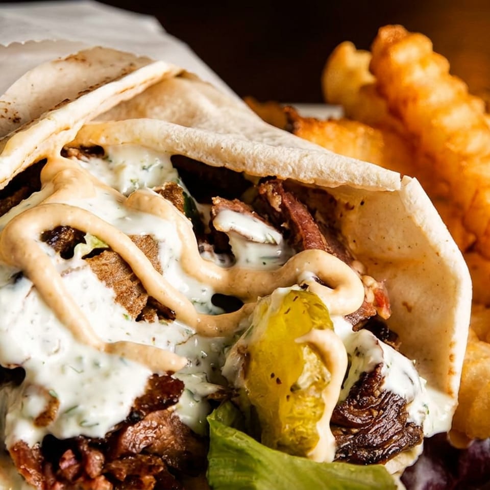 Delicious shawarma wrap with creamy sauces and a pickle, served with crinkle-cut fries.