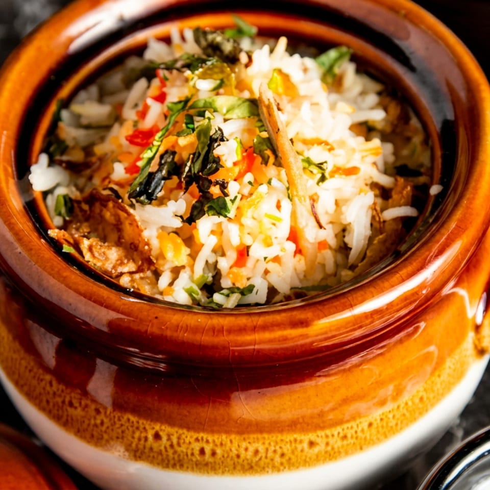 Biryani rice with herbs and spices in a brown ceramic pot.
