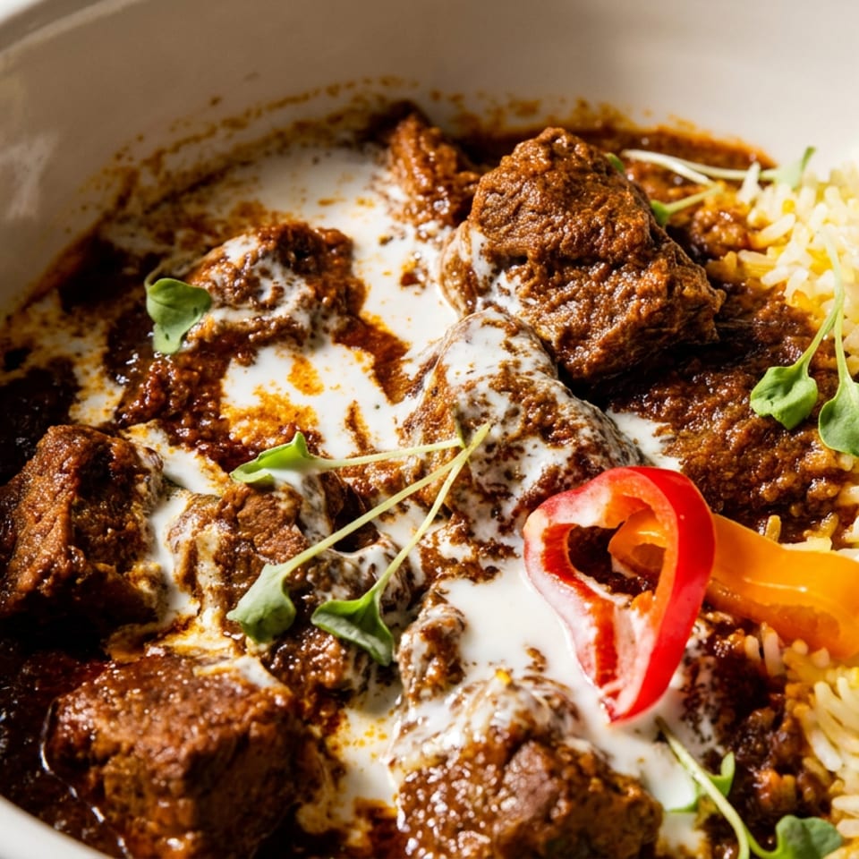 Savory meat curry with creamy drizzle, saffron rice, red pepper, and fresh herbs in a white bowl.