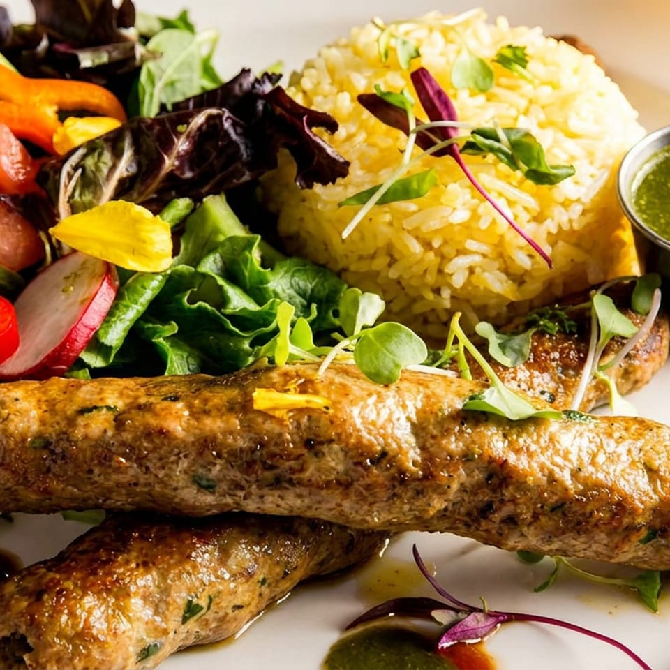 Two grilled meat kebabs, yellow rice, a colorful salad, and green sauce on a white plate.