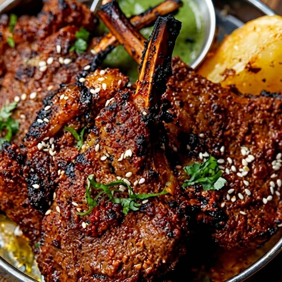 Spicy grilled lamb chops with sesame seeds, fresh herbs, green sauce, and a potato wedge.