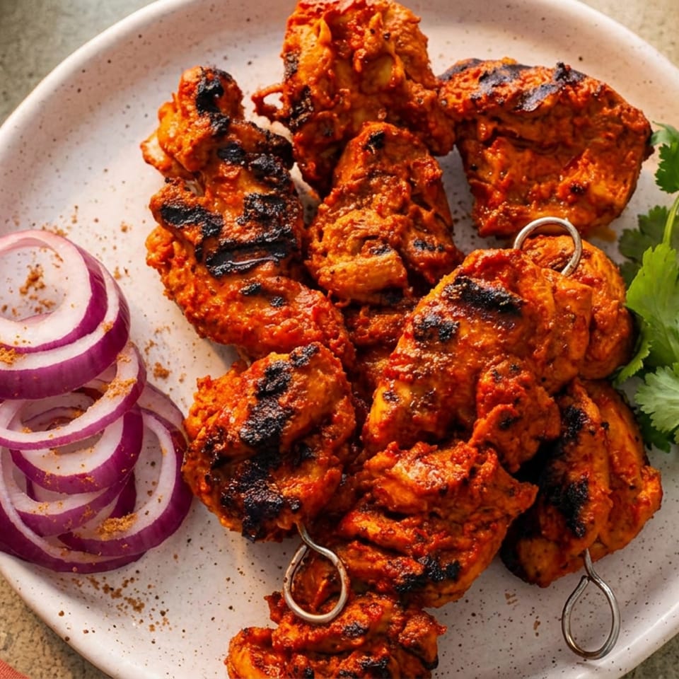 Grilled chicken skewers with red onion rings and fresh cilantro on a white plate.