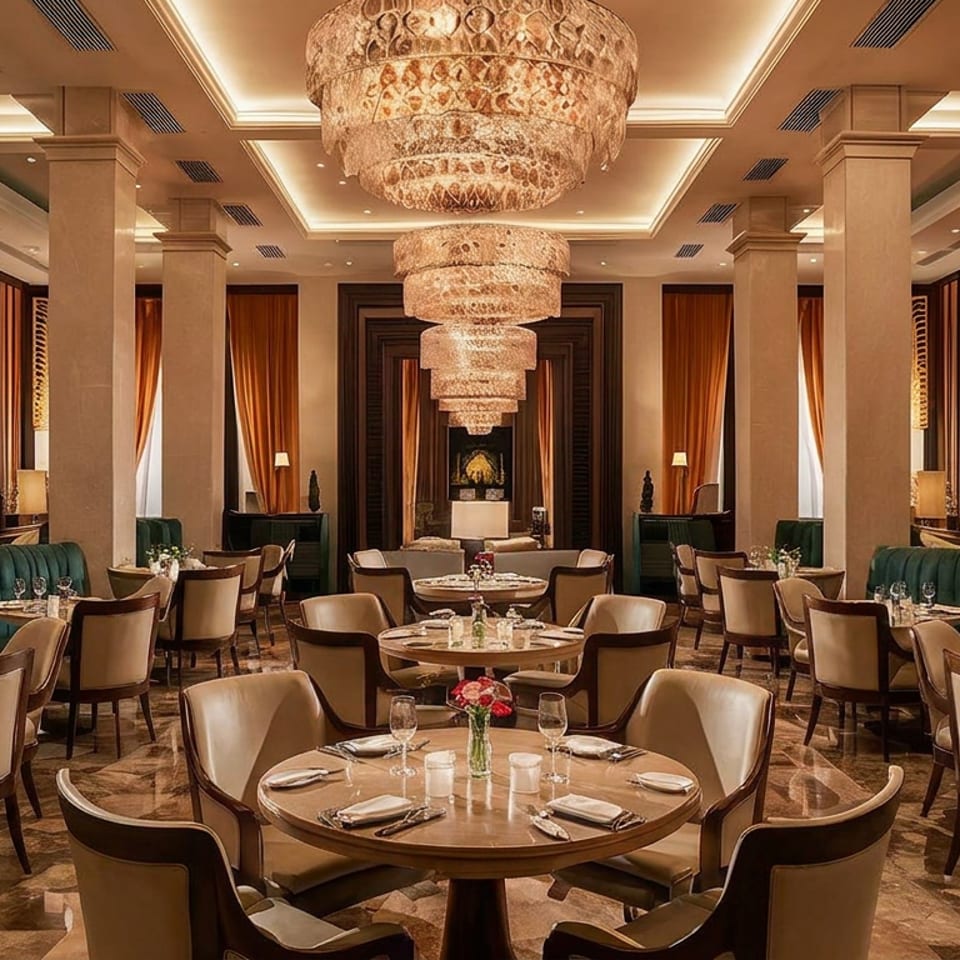 Luxurious restaurant dining room with elegant tables, green booths, and grand chandeliers.