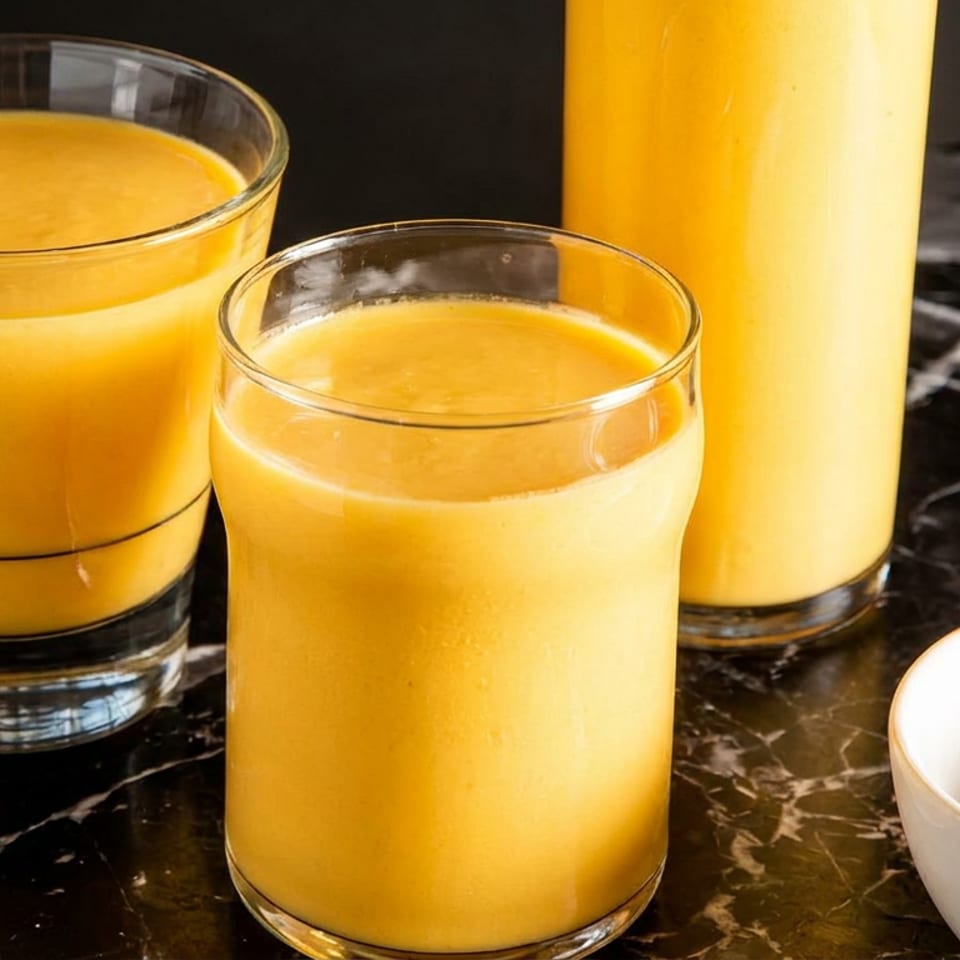 Two glasses and a bottle of yellow mango lassi with a small bowl of saffron dessert on a marble table.